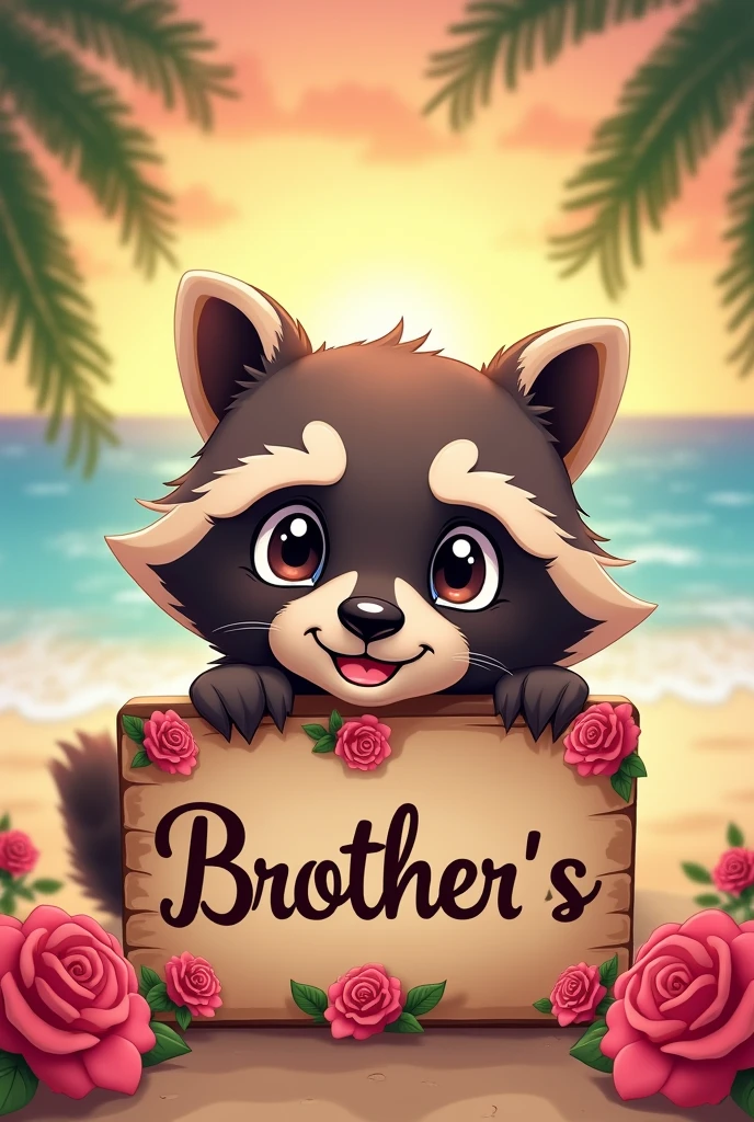 Can you create me the face of an anime raccoon with an animated sign with roses in front that says "RS Brother's" and beach background