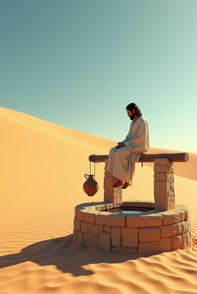 A vast, golden desert with rolling sand dunes and a clear blue sky. In the middle of the desert, there is an old stone well with a wooden beam. Instead of a bucket, a clay pitcher (cántaro) is hanging from the rope. Sitting by the well is a figure representing Jesus, dressed in simple, flowing robes, with a peaceful and contemplative expression. He is seated on the edge of the well, his hands gently resting on his lap. The scene is calm and serene, with shadows cast by the well and the figure, adding depth to the composition.