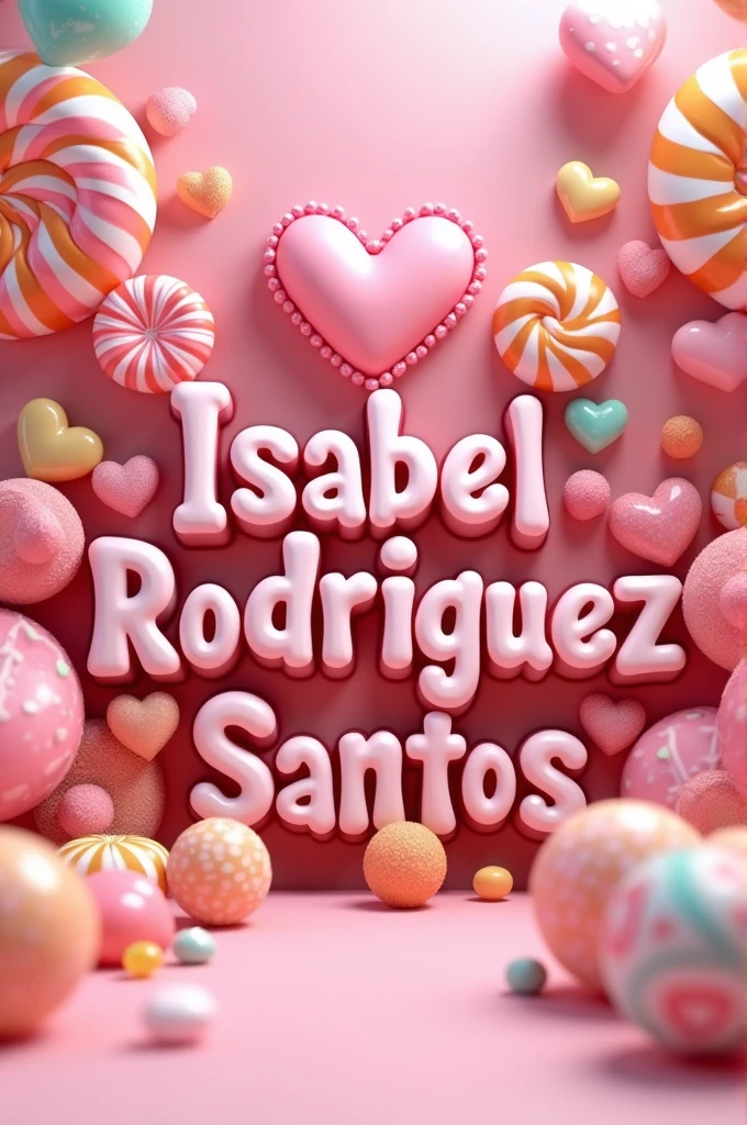 Candy and heart backgrounds with the name Isabel Rodriguez Santos in 3d