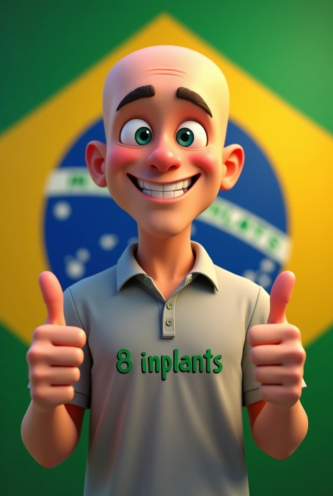 Create a Pixar animation style image with a bald man smiling and showing his thumb with the Brazilian flag in the background and wearing a gray polo shirt with 8 implants written in green