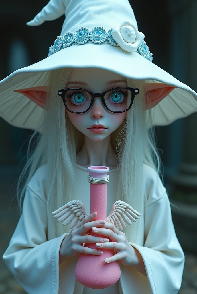 Imagine an albino wizard with a mysterious appearance. your skin is extremely pale, almost translucent, and he is thin. Your blue eyes, with an intriguing peculiarity: one pupil is visibly larger than the other, adding a touch of weirdness. He has long, pointy ears, similar to those of an elf, that stand out beneath the all-white witch hat he wears. This hat has blue details and a blue brim that contrasts with the white..

 His tired look is highlighted by the small, square prescription glasses he wears., adding a layer of fragility and wisdom to your appearance. In one of your hands, he holds a pink bong, long hair and owl wings, youthful appearance and no beard