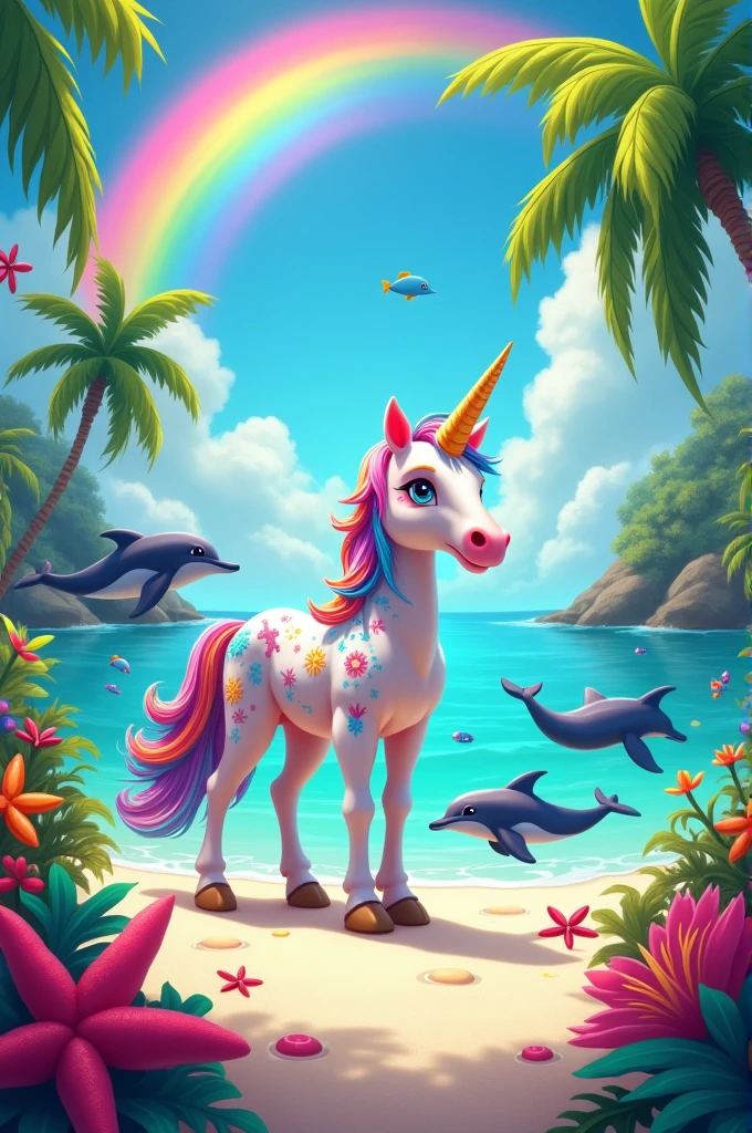 A very nice and colorful and tropical Caribbean beach with a very colorful and cute unicorn in the center with 3 cute and colorful dolphins on the sides very colorful with fish and starfish and a very colorful rainbow 