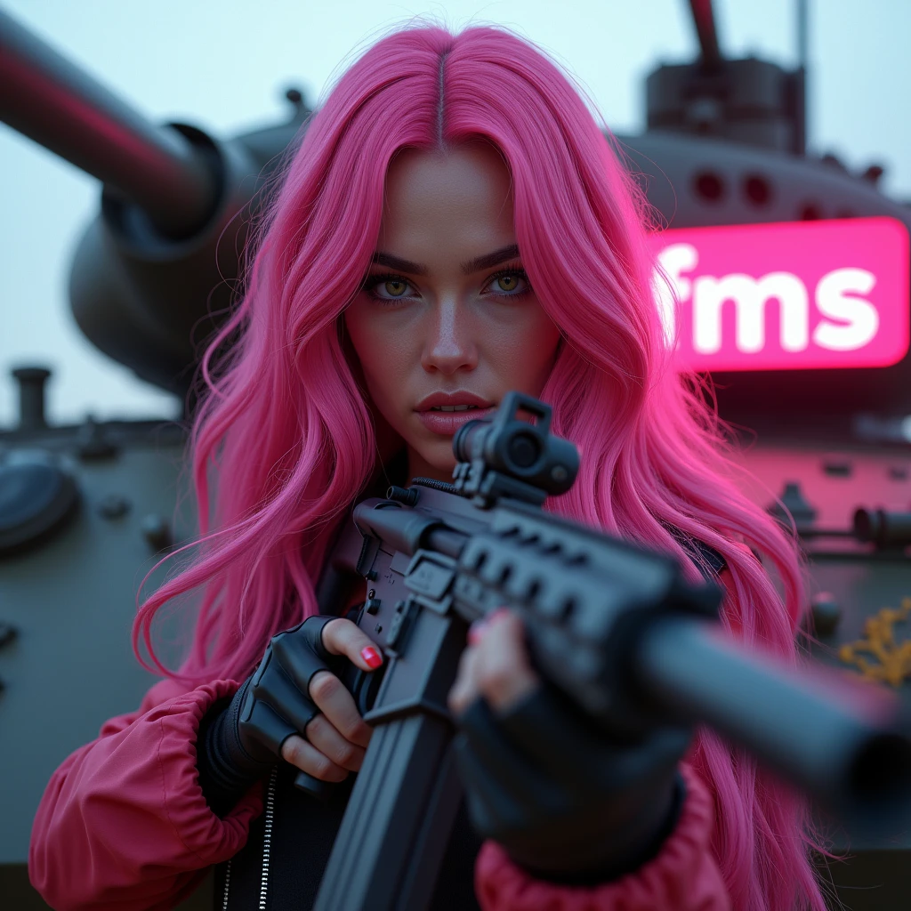 1 woman with exuberant beauty, With long hair, bright pink wavy hair, with a rifle in his hand and looking at the viewer with piercing eyes. Behind her there is a tank and some pink details and a light sign that says “FMS” 