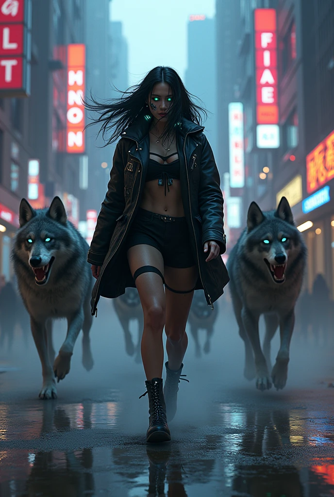 At night, dark sky, gorgeous Woman, (walks with a stray dog In a frozen cyberpunk city in ruins), 1drone. Heavy tropical rain, Head slightly tilted back, leather bikini, Distorted Space, Light Shafts, Volumetric Lighting, 4k Rendering, Stock Photo, Realistic Textures, Dramatic Lighting, Unreal Engine. Electric lighting. Windy messy hair. (((((1girl, solo, alone))))), large-breast:1.1 slim body, cleavage, (((headphone, black sunglasses))), (((hip-up standing and holding (pistol)))), (((half-body thigh level medium shot))), cinematic lighting, lens flare, ray tracing.
