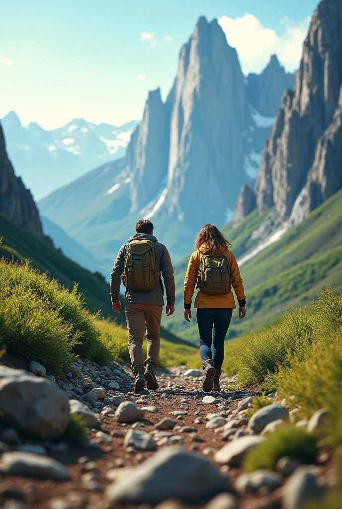 make mountain shoe advertisement, couple walking forward, green landscape, green mountains, rocky, urban skyline view, realistic image
