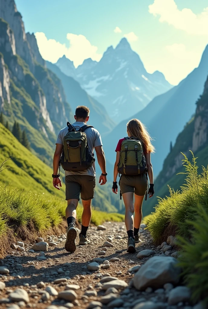make mountain shoe advertisement, couple walking forward, green landscape, green mountains, rocky, urban skyline view, realistic image
