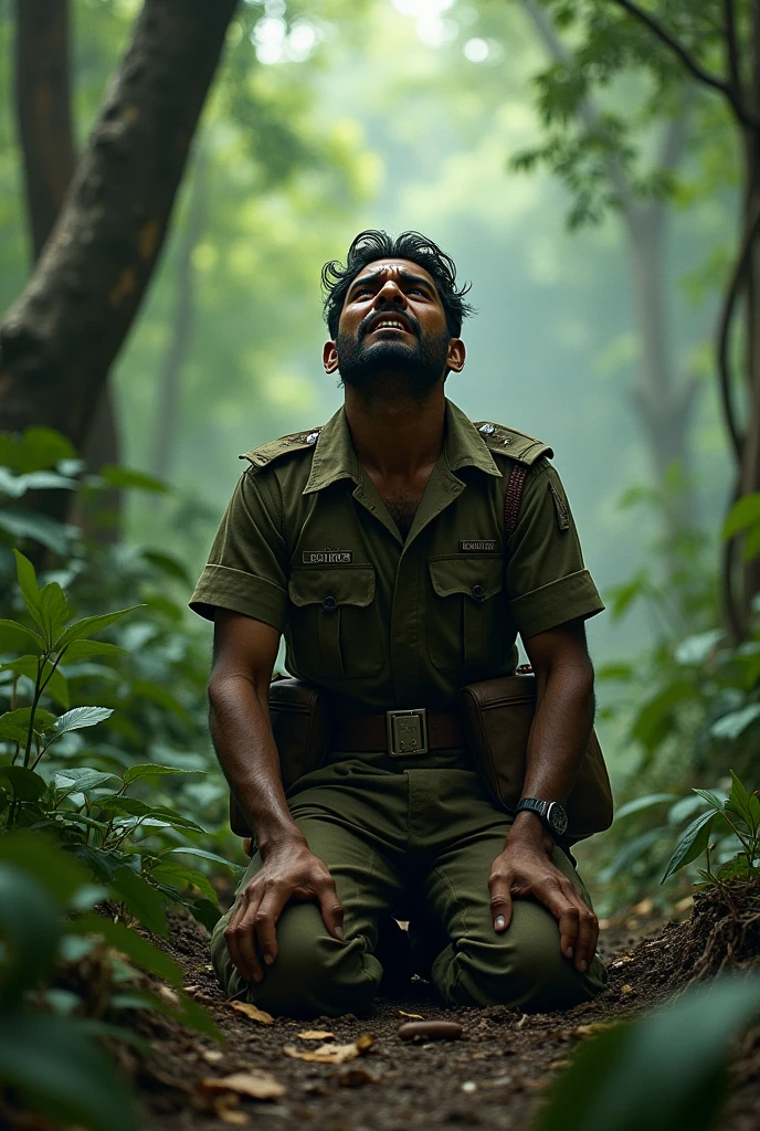 An indian  soldier whose uniform is torn and he is on both knees crying with tears in jungle crying for help with tears