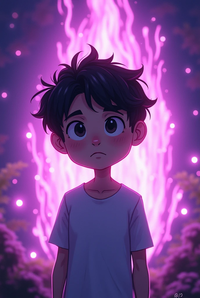 PURPLE BACKGROUND WITH RAYS, DARK BROWN HAIR MALE CARTOON CHARACTER, DARK BROWN EYES WITH WHITE SKIN COLOR, with a closed face