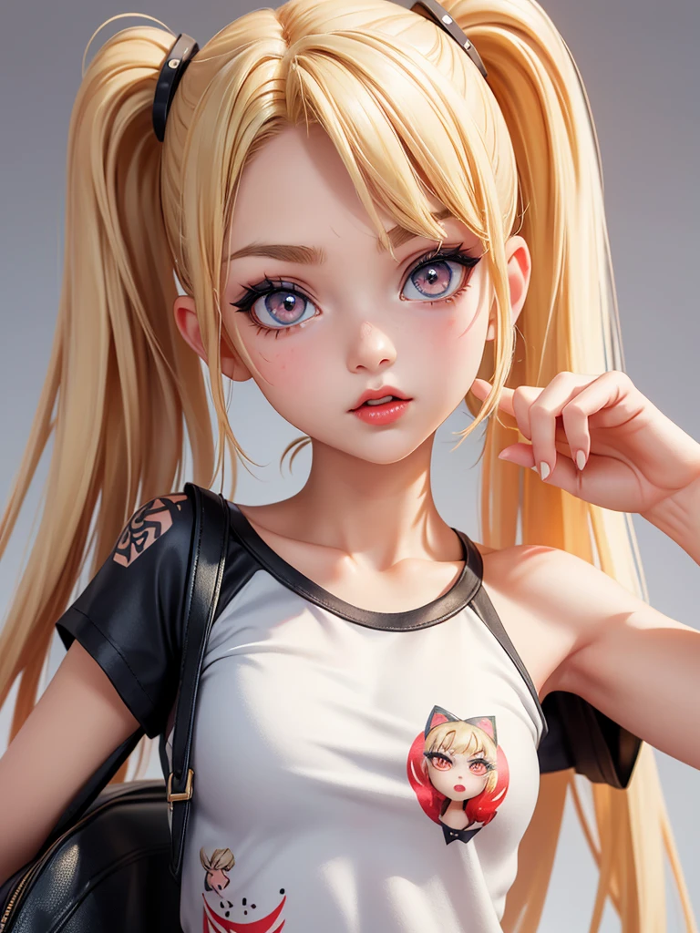 Surreal American Teen, blonde, tall, perfect Small body, sexy, Heavy makeup, Perfect slim face, Big Red Lips, Very cute face, , Big eyes, looks young, Mature appearance, 少し few clothes,tattoo,Asymmetrical shoulder print short sleeve T-shirt Women's tops Cut and sew tops TShirt Short Sleeve,