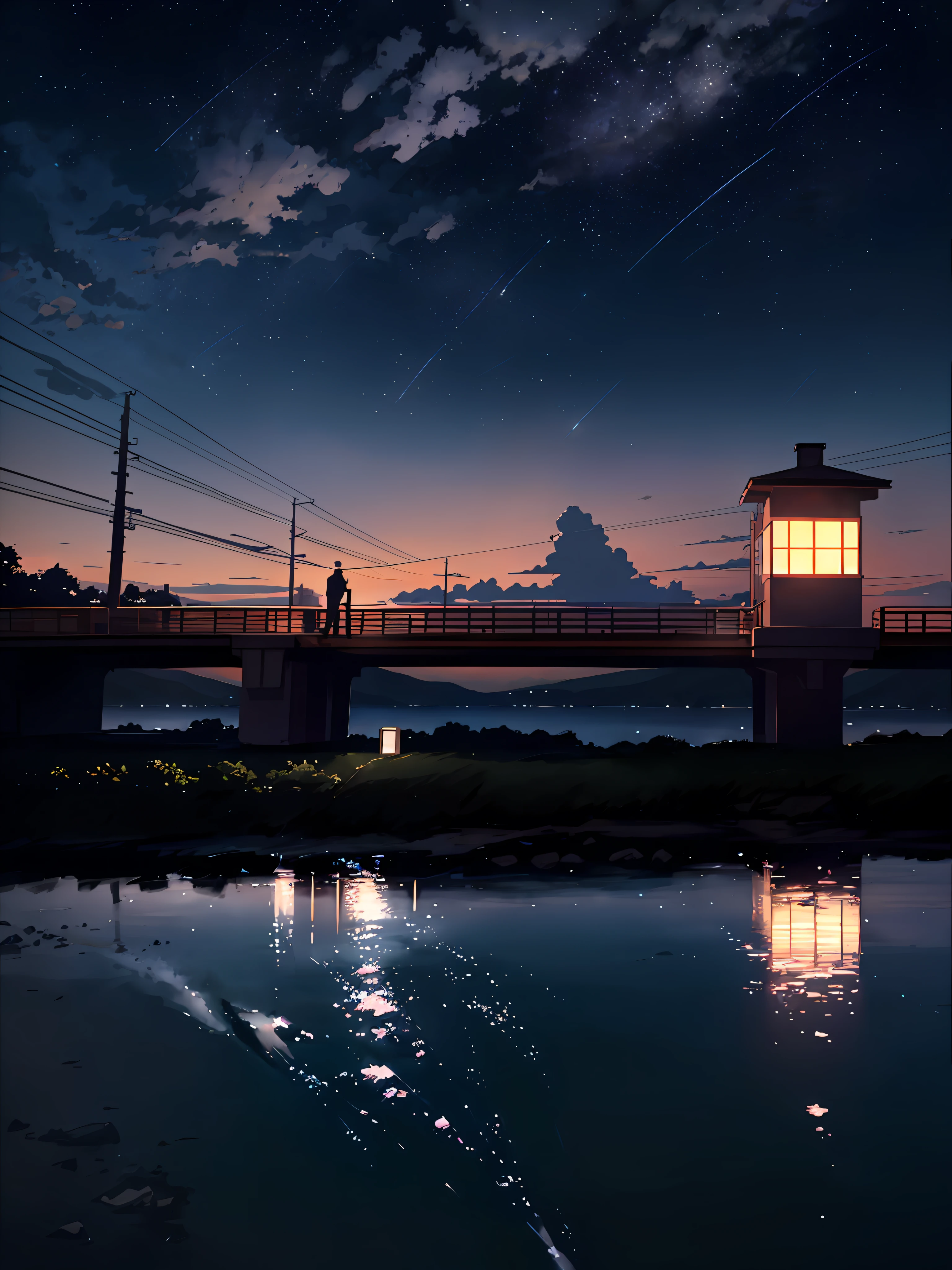 masterpiece, Cartoon train on tracks passing through body of water, Bright starry sky. Romantic train, Shinkai Makoto的图片, pixiv, Concept Art, lofi style style, reflection. author:Shinkai Makoto, lofi style, Beautiful anime scene, Anime Landscape, Detailed scenery —width 672, in Shinkai Makoto的风格, Shinkai Makoto的风格, Enhance Details.