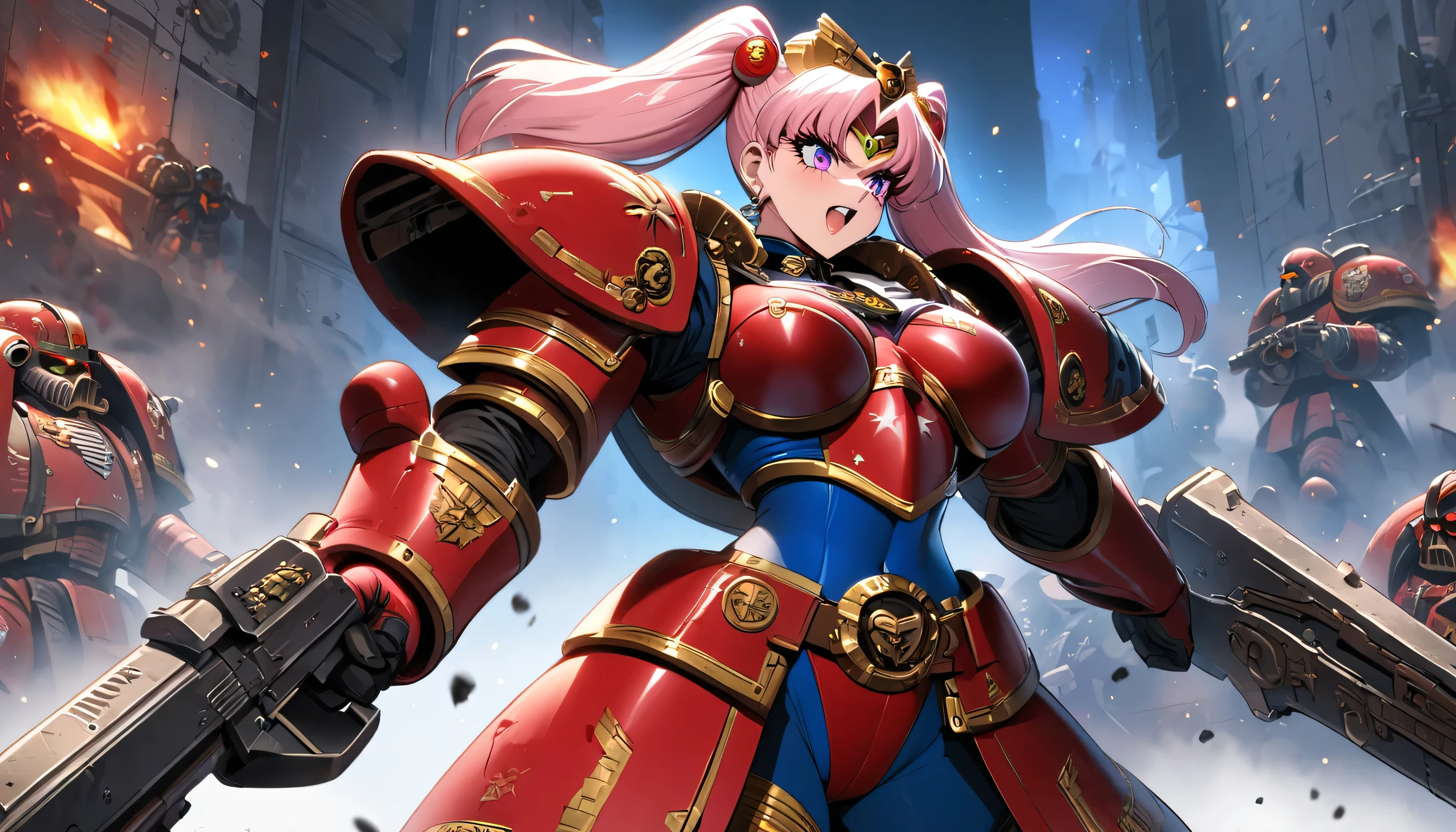 In Warhammer 40k, a Space marine legion is themed after Sailor Moon, show space marines in the thick of battle with her color scheme