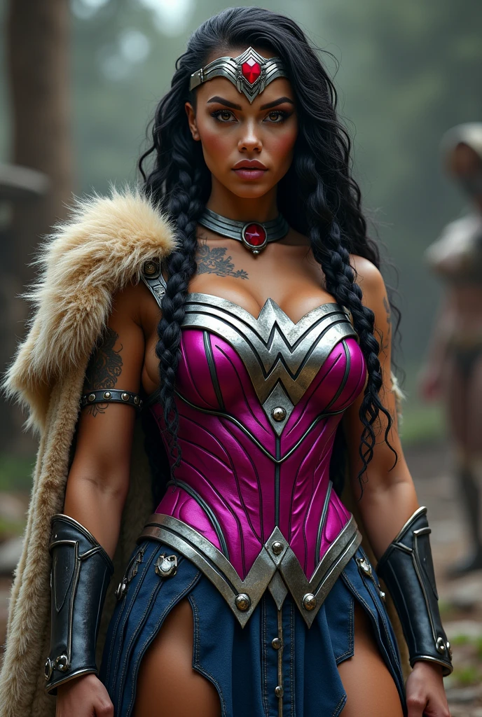 (((Fuchsia Corset))),(((De primerísimo primer plano una hermosa mujer wonder woman Vikingo))) (((Fitness build with muscles in his arms and legs))),(((Wearing a Fuchsia corset))),(((Legis fuchsia))),(((Emblema wonder woman gigante color plata en su busto))),(((Large long metal bracelets in black))),(((Black metal boots))),(((Wide and thick silver-colored metal diaema on her forehead))),(((With a large red star-shaped jewel))),(((Giant Broad-Brimmed Sword))),(((Tattoos on one of his arms))),(((Beige sheepskin cape))),(((Sheepskin on his shoulders))),(((Falda wonder woman sobre el traje enterizo))),(((wonder woman)))