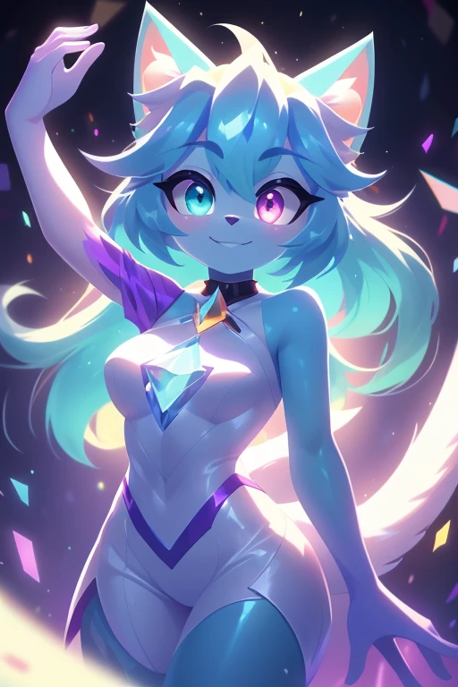 (whole body),((best qualityer)), ((Masterpiece artwork)), (detailded), complete body, facing at viewer, face perfect, cabelo roxo, Star Guardian, short cyan hair, heterochromia, eyeballs roxos e cianos, eyeballs roxos brilhantes, long eyelashes, cyan blue fur, cyan blue cat ears, ssmile doce,  magic. purple and cyan hair, long eyelashes, solid circle eyeballs, fake cat ears, light ssmile, ear flush, Gradient hair, heterochromia, Gradient_eyeballs, eyeballs arregalados, students shining, purple eyeballs, cyan eyeballs, ssmile, looking straight ahead, wide plan, 8k, super detaill, precise, best qualityer, work of art, anatomically correcte, High details, high resolution
