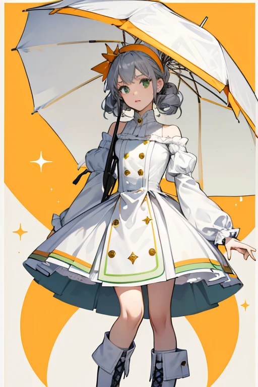 Ess wears a white broad-shouldered dress, with gray sleeves and a gray border. Her outfit also has orange buttons and she wears white boots. Her color scheme is based on the current assigned color for the S tetrimino, which is green. This color applies to her orange headband as well as her parasol. SPARKLE; GLITTER