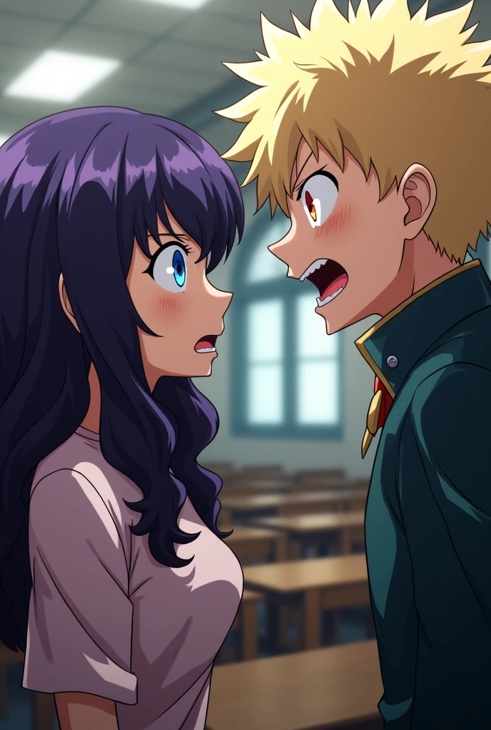 (Anime Boku no Hero Academia) creates a ager, My Hero Academia student. His eyes are a light blue color with an elongated shape., glare. Her hair is long and wavy, Deep purple and a French fringe. Next to the girl is Bakugou Katsuki, He is a blond boy with spiky hair and slanted red eyes.. They argue aggressively, shouting angrily at each other.. All this in a classroom environment in the world of Boku No Hero.
