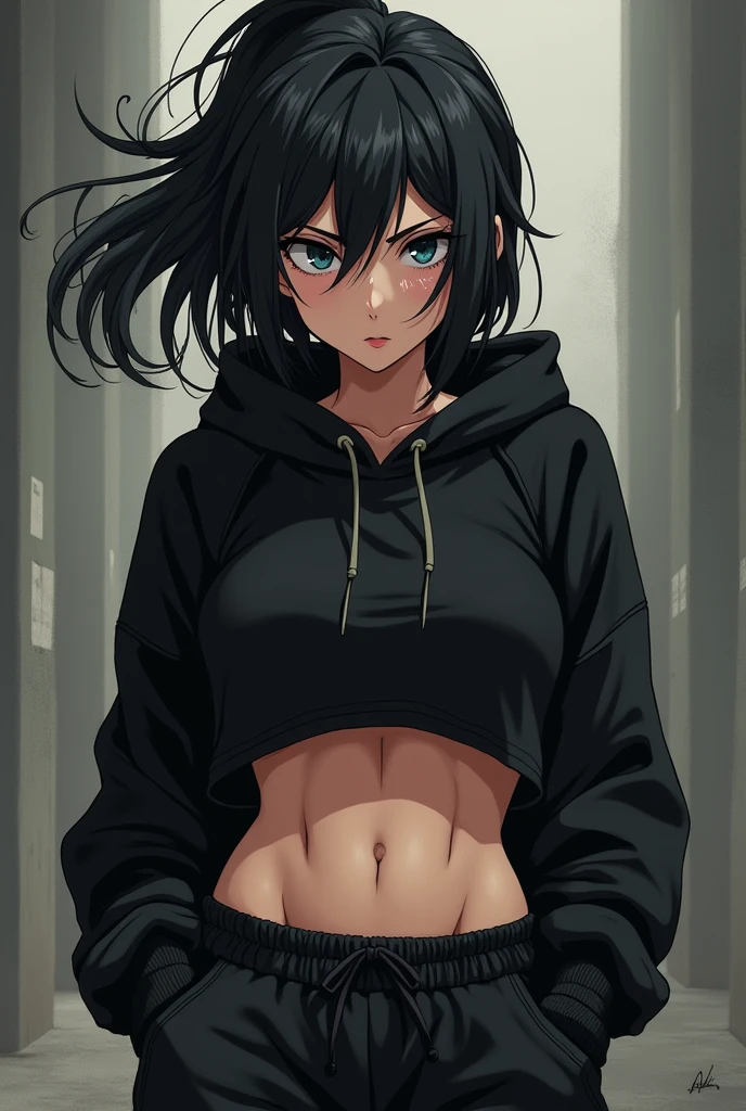 Adult anime woman, with black messy hair, black eyes, black sweat shirt shirt, sweat pants, fit physique, looking cool, some muscle definition, focused face, sweating, flexing