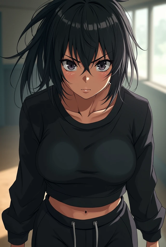 Adult anime woman, with black messy hair, black eyes, black sweat shirt shirt, sweat pants, fit physique, looking cool, some muscle definition, focused face, sweating, flexing