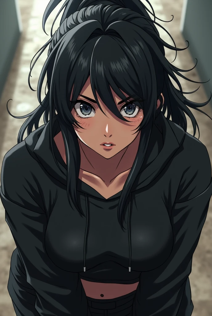 Adult anime woman, with black messy hair, black eyes, black sweat shirt shirt, sweat pants, fit physique, looking cool, some muscle definition, focused face,  sweating, flexing