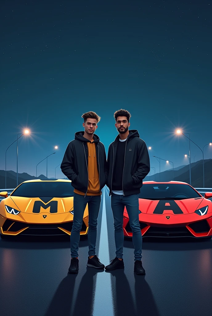 Create a picture of two young men, they are best friends, standing on a highway at night which is well lit. Next to one of them is a Lamborghink Huracan with the letter M on the hood. Next to the other is a Lamborghini Urus with the letter A on the hood.
