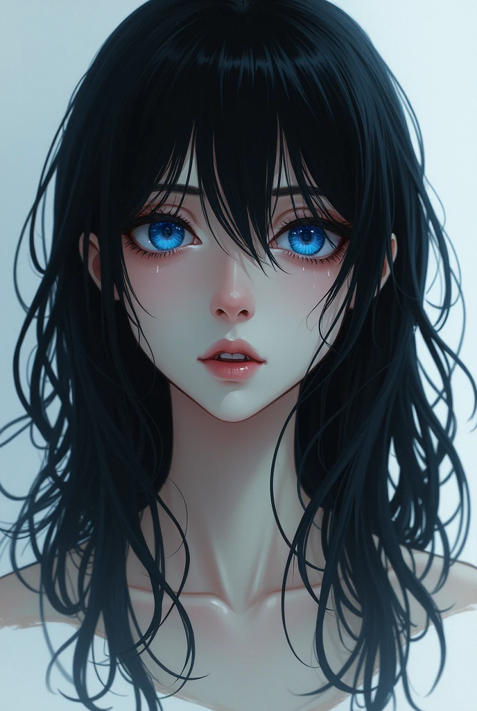 Woman, blue colored eyes, Bblack hair, Grieving, white