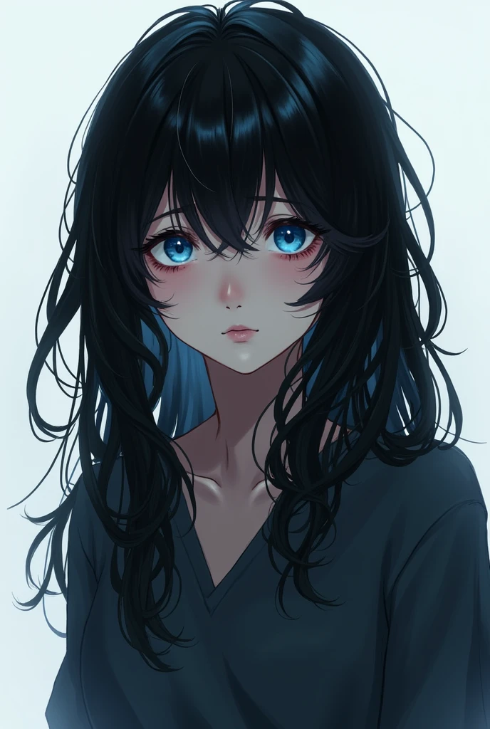 Woman, blue colored eyes, Bblack hair, Grieving, white