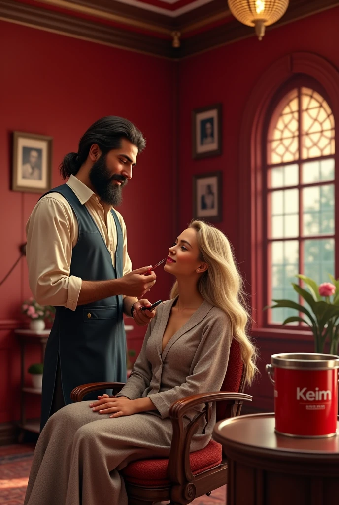 Beautiful australian woman with blond hair and tanned skin sitting in a barber, barbershop is named “KEIM”, the interior is red and luxury, barber is a tall persian man with beard and smiling, red bucket of paint on thr table with the lable “keim paint”