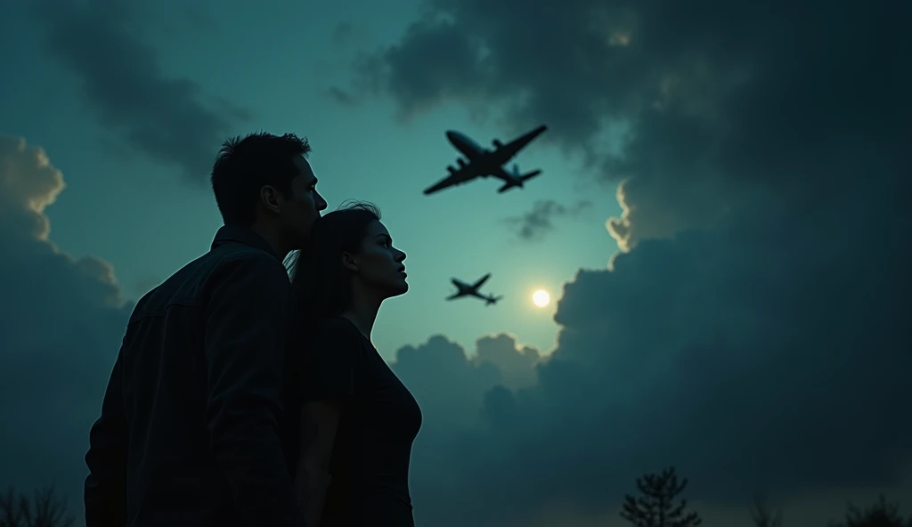 warplanes in the skies; a terrified man and woman looking up at the night sky, extremely detailed, intricate details, cinematic lighting, dramatic, horror, moody, dark, ominous, (best quality,8k,photorealistic:1.4),chiaroscuro,dramatic lighting,eerie atmosphere,ominous clouds,dramatic shadows,realistic human anatomy,realistic skin texture,beautiful detailed eyes,beautiful detailed lips,extremely detailed eyes and face,longeyelashes