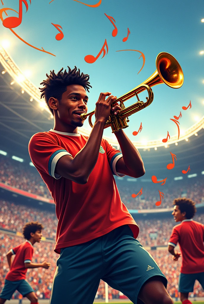 trumpet, musical notes and football