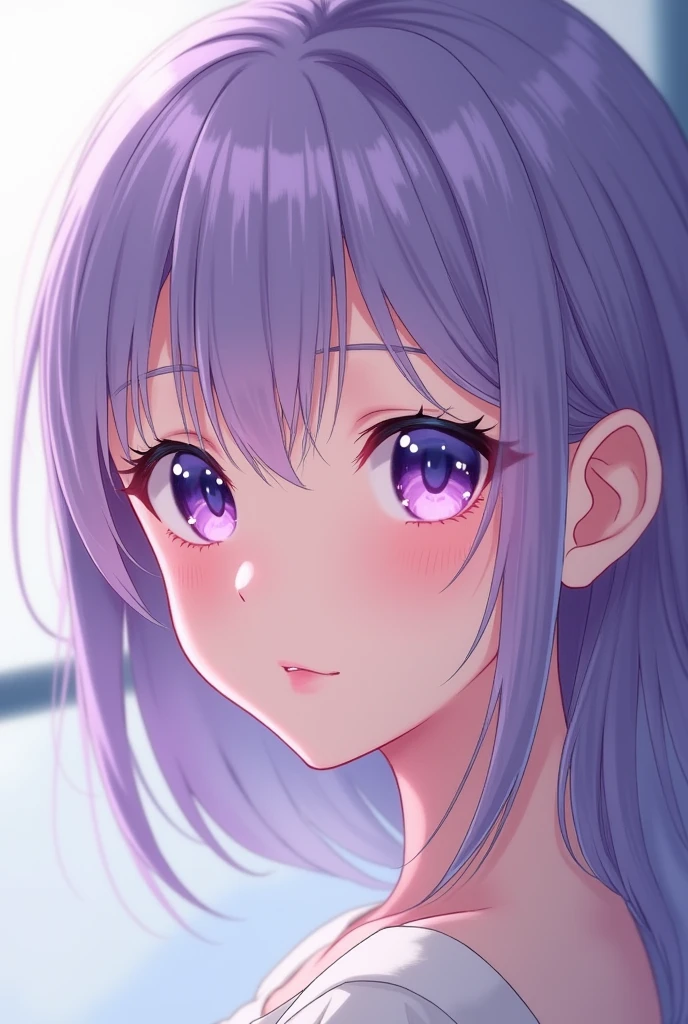 Light purple hair, beautiful young woman, small face, innocent purple eyes, slender neck, anime