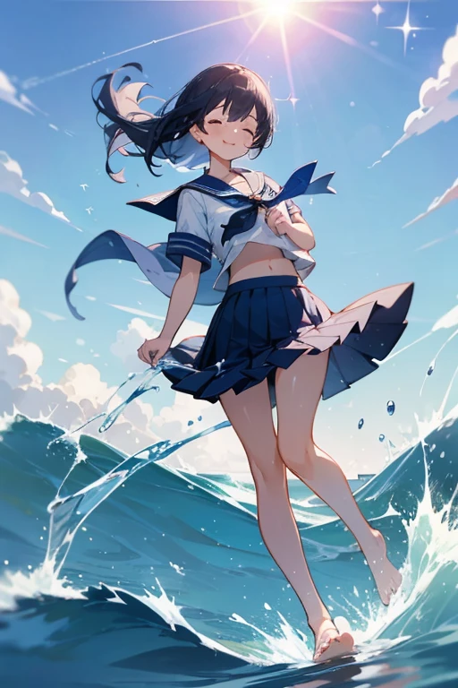 School, Sailor uniform, Chest, Navy blue pleated skirt, Strong wind, Seaside, Blue sky, Sunshine, Sparkle, Contrail, Eyes closed, Smile, Cheerful, Looking at camera, Bare feet, Buttocks, Splash of water