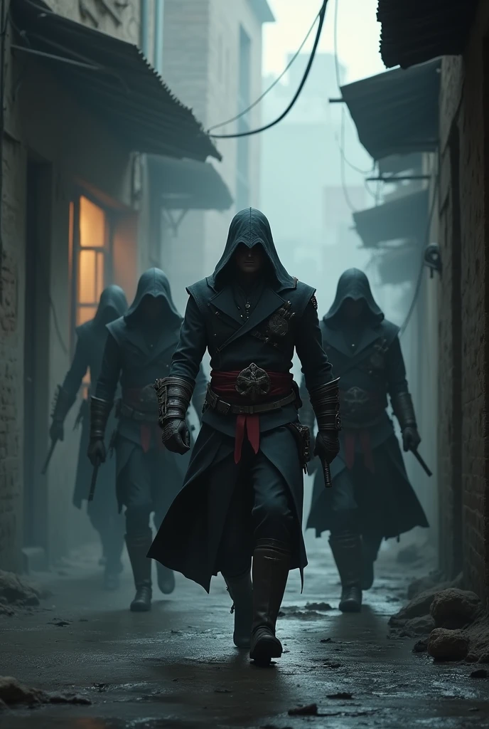 Assassin's creed with 4 other assassins with less visibility to see the face