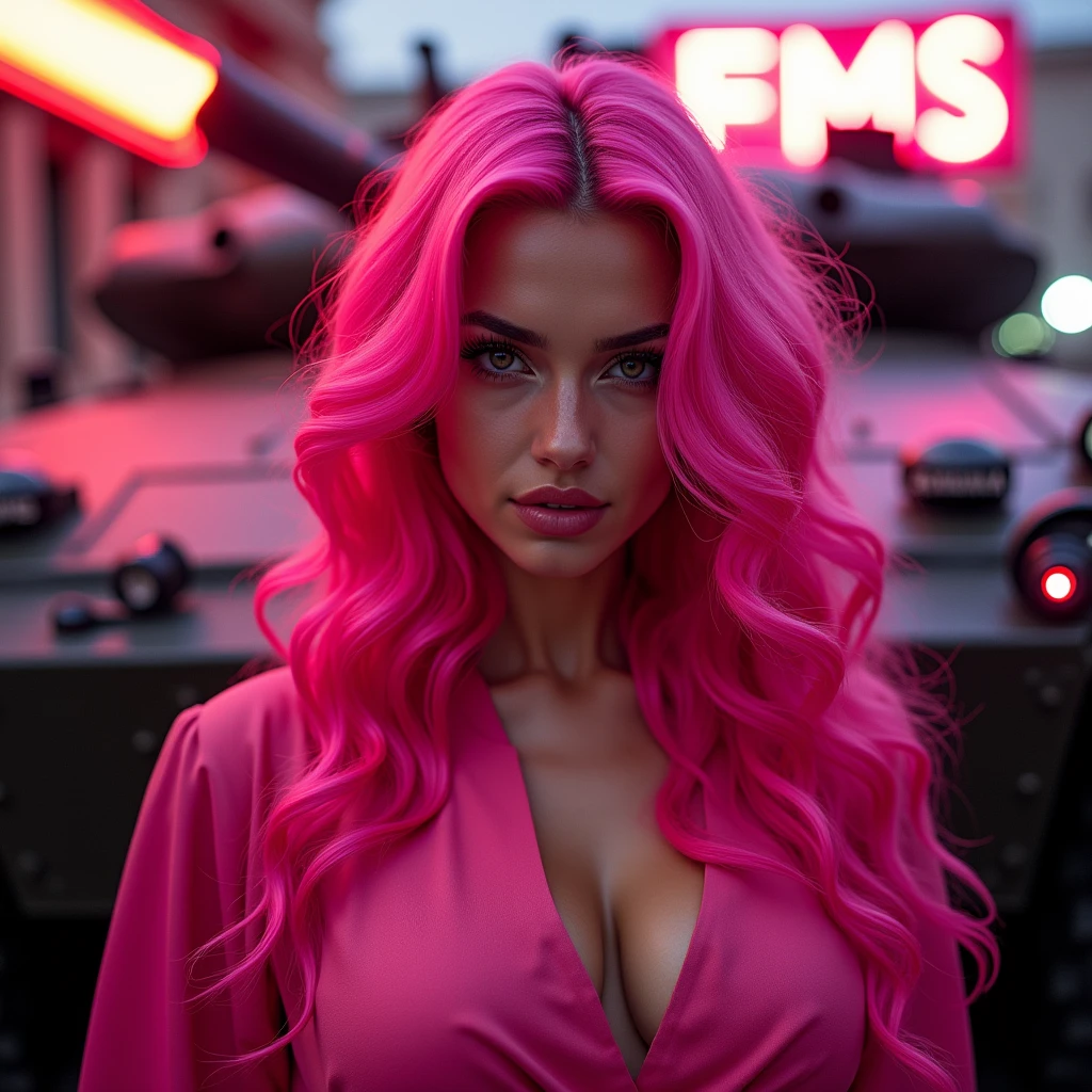 1 woman with exuberant beauty, With long hair, bright pink wavy hair, looking at the viewer with piercing eyes. Behind her there is a tank and some pink details and a light sign that says “FMS” 