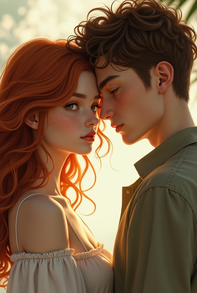 a beautiful girl,long red hair with captivating green eyes(make it more realistic Make a boy in the same scenario( Cao Cao, slim with white skin, but not so much, brown hair and brown eyes Make them look at each other( Make it more realistic,(obs.: make them a little further away from each other Make them more realistic and further away from each other