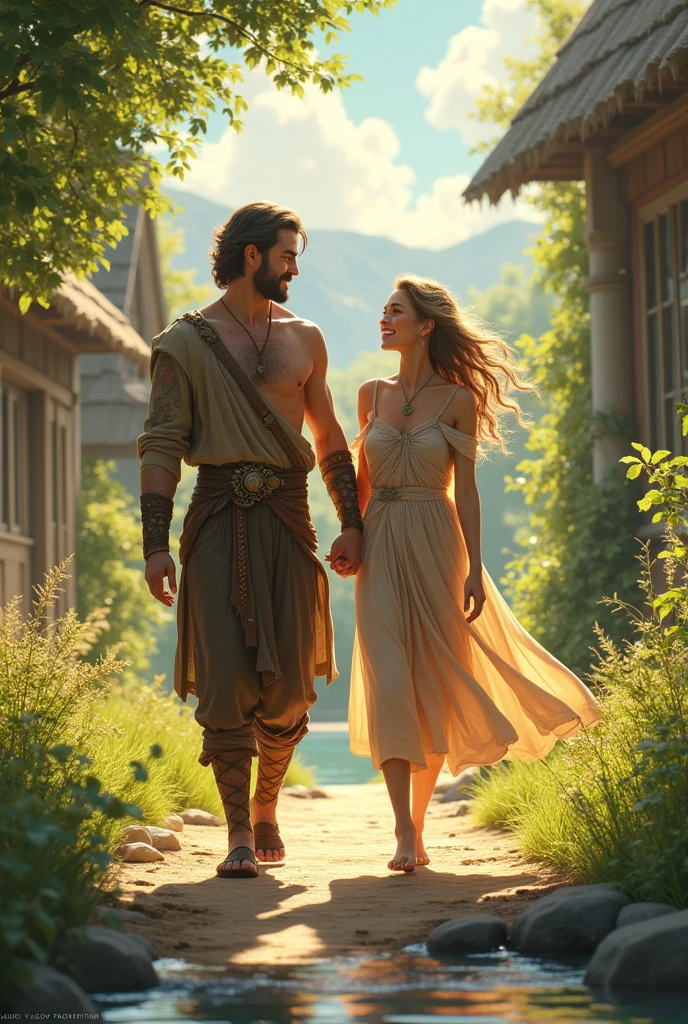**Orion and Elara Bonding:**
- "The white-haired warrior and a beautiful woman spend time together in a peaceful village setting. They are seen walking through the village, sitting by a stream, and sharing stories. The warrior, now more relaxed, is dressed in simple clothing, while the woman smiles warmly at him. The setting is during the day with the village surrounded by lush greenery."