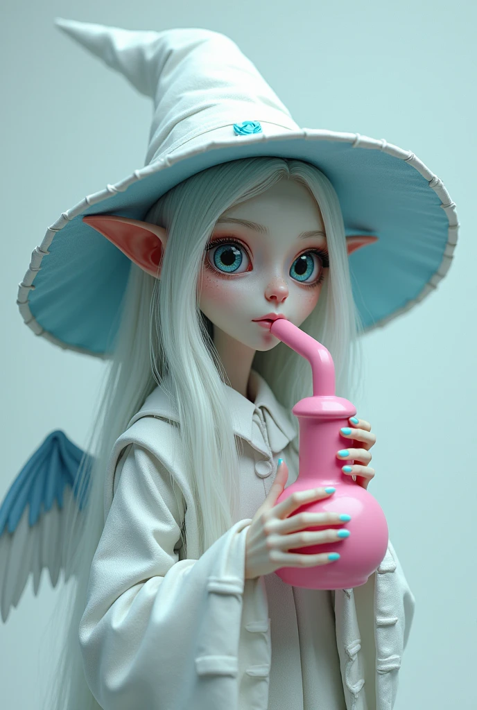 Imagine an albino wizard with a mysterious appearance. your skin is extremely pale, almost translucent, and he is thin. Your blue eyes, with an intriguing peculiarity: one pupil is visibly larger than the other, adding a touch of weirdness. He has long, pointy ears, similar to those of an elf, that stand out beneath the all-white witch hat he wears. This hat has blue details and a blue brim that contrasts with the white..
His tired look is highlighted by the small, square prescription glasses he wears., adding a layer of fragility and wisdom to your appearance. In one of your hands, he holds a pink bong, long hair and owl wings, youthful appearance and no beard, hippy
