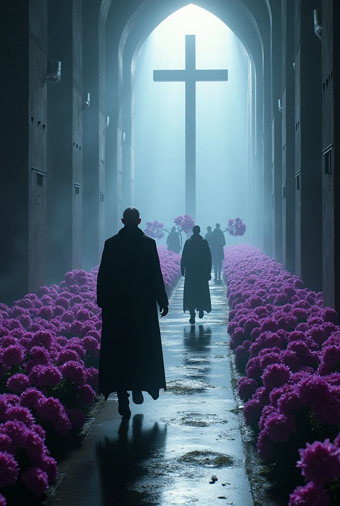 nosferatu running through a submechanophobia arachnophobia claustrophobic corridor through a field of purple roses in post modernism future with many minimal male figures carrying huge lisianthus flowers running under cinematic natural sunlight and dramatic long shadow play, neoncore cross,