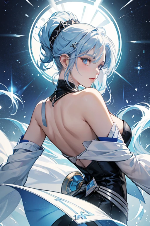 Eula is an elegant woman with a pale complexion and multicolored heterochromatic eyes that fade from dark purple to pale yellow. She has choppy, unevenly cut light blue hair. Above her bangs, Eula wears a black headband and a four-pointed silver, white, and blue hairpin to her left. She wears a blue cape on her right shoulder, with her Cryo Vision pinned to it.

Her outfit, Wavecrest Waltz, is described as consummate elegance that shines through her neat and smart knight's uniform. It consists of a black leotard which has a silver symbol of her clan at the sides of the bottom, and the back cut out. The upper body and sleeves are white and have the sides of the shoulders cut out and is secured below her breasts with a black belt.

Additionally she wears a blue tie, a pair of black gloves with blue palms, and blue stockings with thigh-high boots accented with silver with an additional strap, silver heels with spurs, and blue soles. SPARKLE; GLITTER