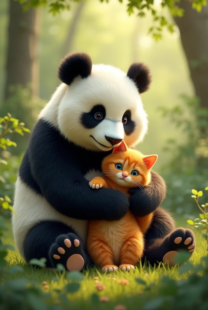 Panda holding an orange cat