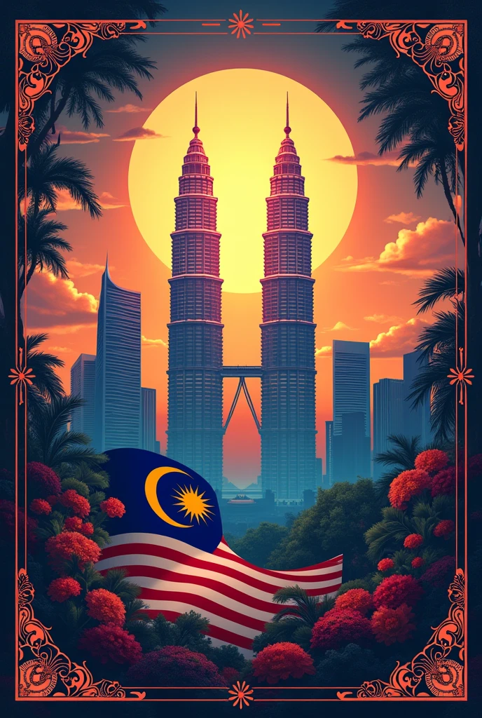 Album cover, rich and diverse Malaysia, Malaysia flag, dusk time, PETRONAS twin towers, mount Kinabalu, square shaped