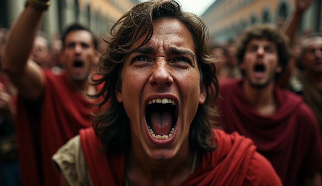 A terrified crowd in the streets of Rome 30 BC, close-up portrait, highly detailed, realistic, dramatic lighting, cinematic, chiaroscuro, dark shadows, fear in their eyes, historical, accurate period details, 8k, photorealistic, masterpiece