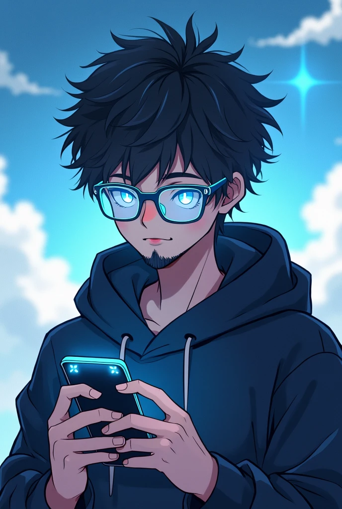 Anime boy with earphone with transparent sky blue frame glasses with play bgmi mobile with black hoodie with fully moustache and full beard