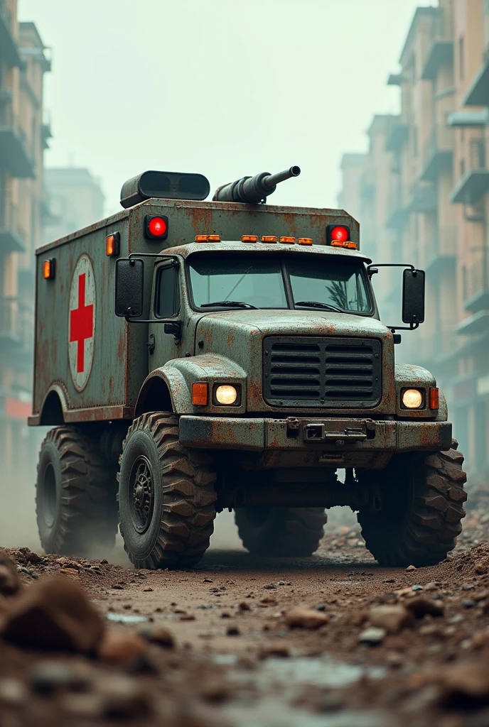I want you to create an image with the text and icons that I'm going to provide you inside the parenthesis in a zombie attack truck (red plu 🙂➕➡️)