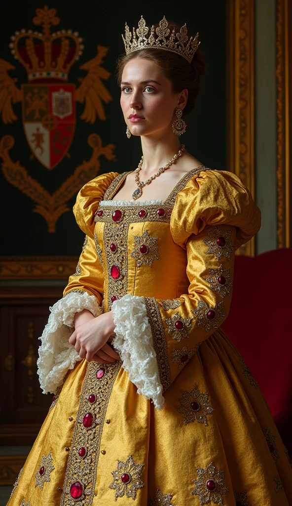 Photographic style: A regal portrait of Catherine of Aragon in a sumptuous golden gown adorned with rubies and pearls. She stands in a richly decorated chamber with Spanish and Tudor emblems visible in the background.