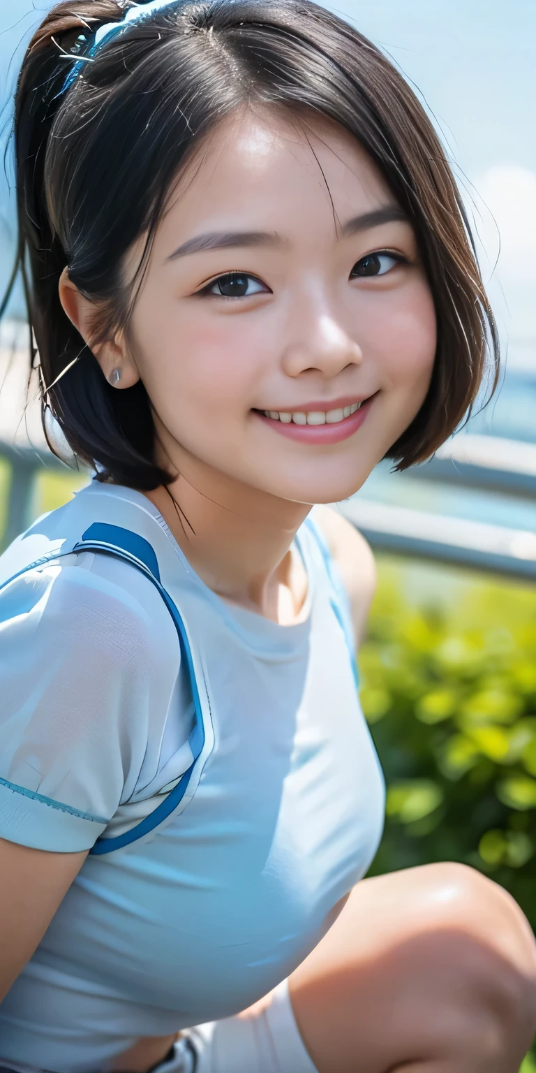 （8k、Raw photography、highest quality、masterpiece：1.2),(Black-haired、Very short hair:1.8),(ponytail:1.3)、View your viewers,Viewed from the front,White skin,(high school girl、The upper body is a light blue uniform:1.7)、(Tight waist:1.6)、(Clothes that accentuate the shape of the breasts:1.0)、(Big Breasts :1.3)、Slim figure、Ultra-high resolution,beautiful,beautiful fece,(one person、No background:1.9),whole bodyボディー,Japanese women,（reality的：1.37）、Photon Mapping,reality、(Baby-faced and cute: 1.4)、(Cute Smile: 1.8)、(Round face: 1.8)、Radio City、Physically Based Rendering、Depth of field rally background、photograph, (I can see your knees、Very short white shorts、Thigh close-up:1.8),（:1.4）,whole body、Great quality