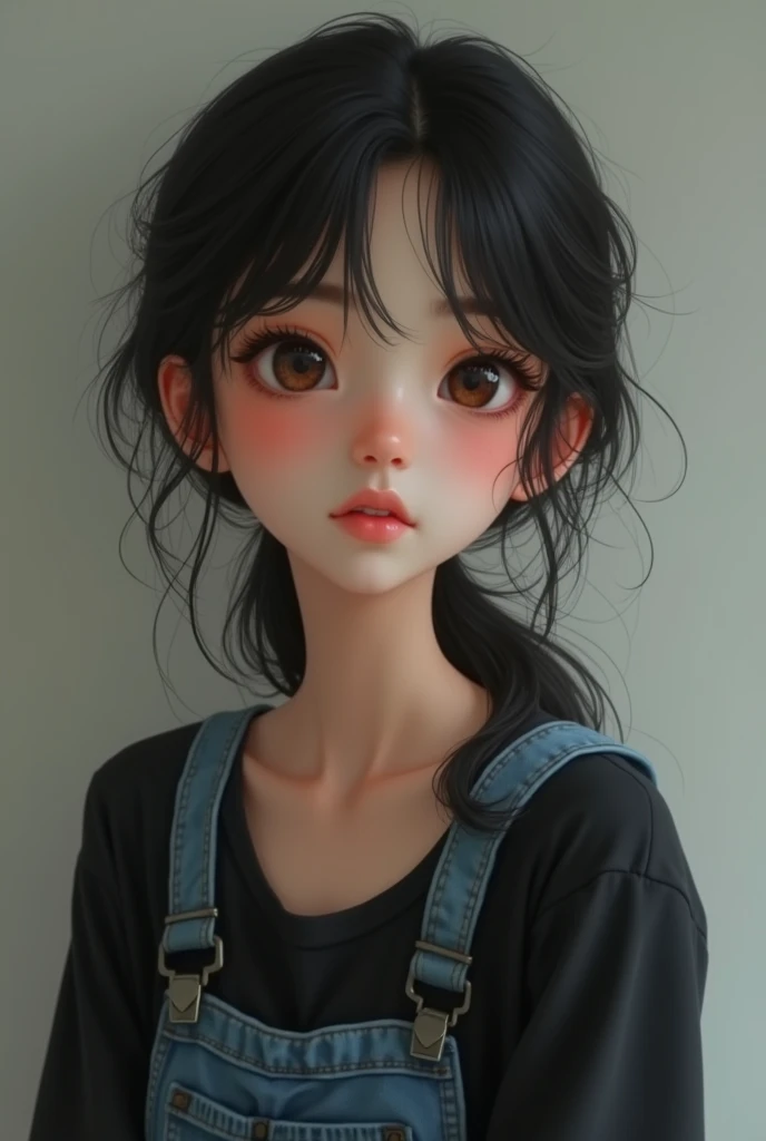 a one woman, brown with loose, wavy black hair parted to the side, slanted brown eyes, short and thin stature. Wearing a black blouse and denim dungarees