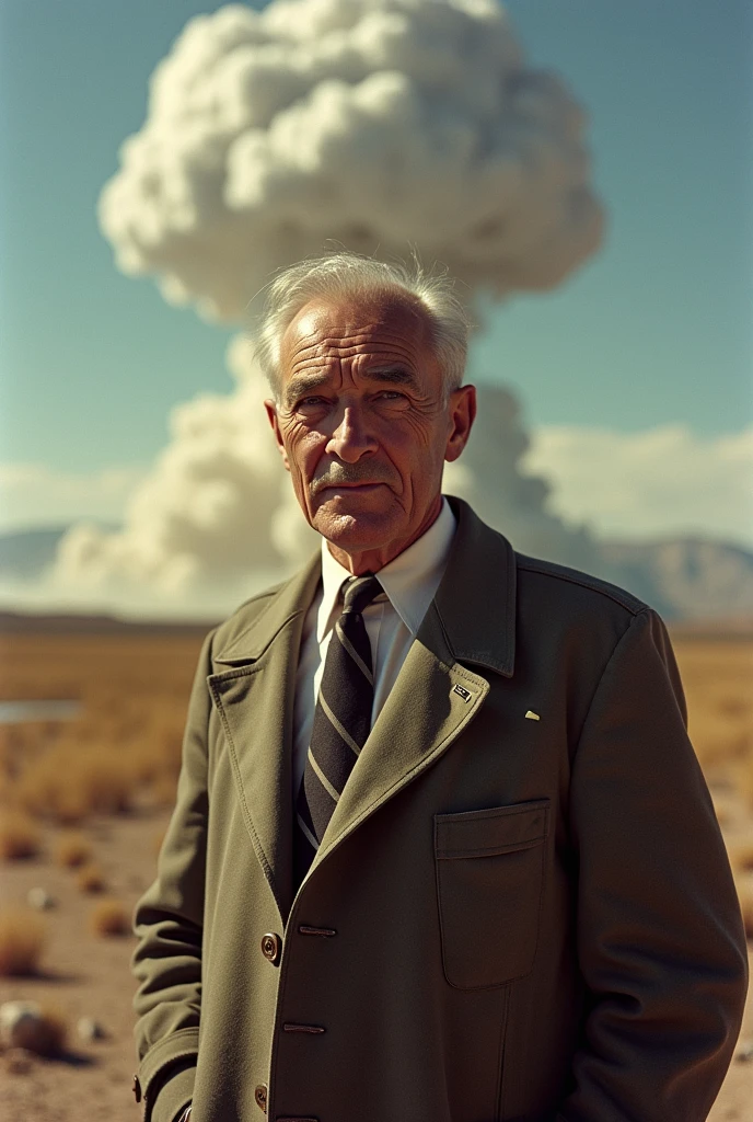 a selfie photo of Oppenheimer and an atomic bomb in the background horizontal