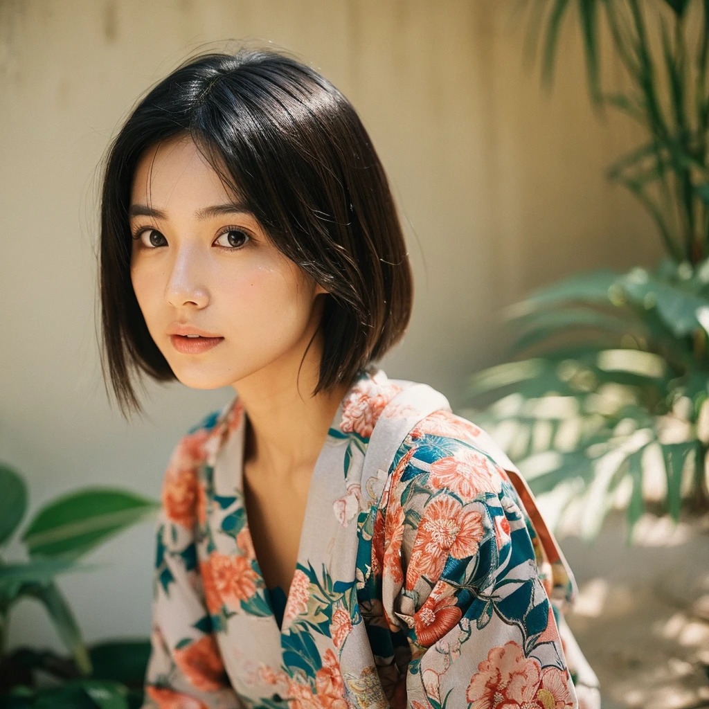 A hyper-realistic image of a single Japanese woman in her early 20s, captured from the shoulders up with the nostalgic warmth and subtle graininess of a film camera. She is wearing a traditional yukata with a vibrant, cute design featuring bold and colorful floral patterns such as cherry blossoms and peonies in shades of pink, red, and lavender, set against a soft pastel background. The obi is elegantly tied with a complementary color, adding a playful touch. The fabric of the yukata appears naturally lightweight, with visible folds and textures that enhance its realism, draping gracefully over her shoulders. Her skin, seen clearly from the shoulders up, has a warm beige tone with a highly realistic, slightly rough texture, showcasing visible pores, fine lines, and minor blemishes, along with subtle unevenness, such as delicate dryness around the cheeks and small natural shadows under the eyes. The lighting is soft and subdued, replicating the gentle, diffused natural light of an overcast day or early evening, creating realistic shadows across her face. These shadows subtly contour her cheekbones, nose, and jawline, adding depth and dimension to her facial features, enhancing the lifelike quality of her skin texture. Her straight, glossy black hair frames her face naturally, slightly tousled, adding to the authenticity of her look. Her deep brown eyes reflect the ambient light, providing depth and a natural, lifelike shine. The film camera effect introduces a noticeable grain and a soft focus, giving the image a warm, nostalgic atmosphere while maintaining the raw, lifelike quality of her skin. The composition is centered solely on her, capturing her serene and understated elegance, focusing closely on the detailed textures of the yukata and the authentic, natural skin texture, with dynamic lighting and shadow play that mimics a real-life photograph.