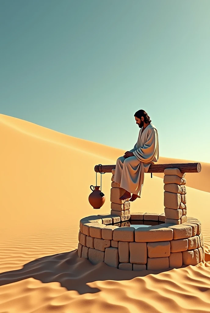 A vast, golden desert with rolling sand dunes and a clear blue sky. In the middle of the desert, there is an old stone well with a wooden beam. Instead of a bucket, a clay pitcher (cántaro) is hanging from the rope. Sitting by the well is a figure representing Jesus, dressed in simple, flowing robes, with a peaceful and contemplative expression. He is seated on the edge of the well, his hands gently resting on his lap. The scene is calm and serene, with shadows cast by the well and the figure, adding depth to the composition.