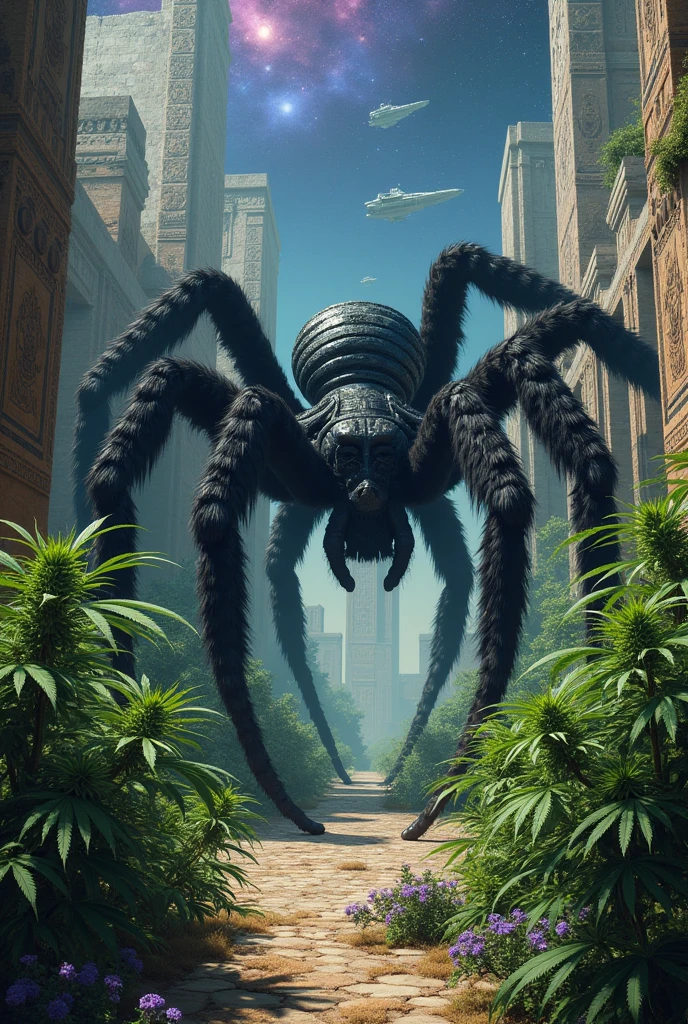 Giant 8 legged tarantula coming from an ancient temple surrounded by marijuana with galaxies and spaceships in the sky