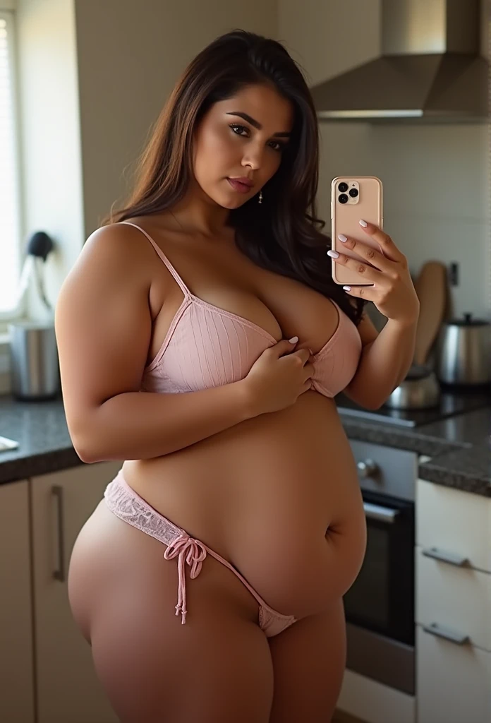 Generate an 8K resolution image of a beautiful woman with a curvy, plus-size figure and plump face, standing in a full-length frame. She has smooth, spotless white skin, and long, wavy black hair with bright brown highlights. She is wearing a colourful, glossy bikini that showcases her thick thighs, high waist, and slim-fit belly. The woman has a small tattoo with the letter "JP" (Jai) clearly visible on the top of her chest. The background is a vibrant London street food scene in daylight, with a cinematic, high-quality focus on her face and eyes, showing detailed iris patterns and bright blue eye colors.
